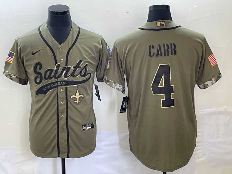Men%27s New Orleans Saints #4 Derek Carr Olive 2022 Salute To Service Cool Base Stitched Baseball Jersey